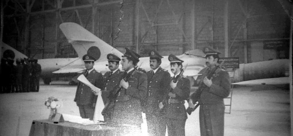 Afghan MiG-17s in the main hangar of the Bagram Aircraft Repair Plant in 1980, already with the new nationality roundel.