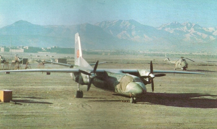 The Afghan Air Force relies totally on Soviet-supplied equipment. Antonov An-26 Curl are used for tactical transport tasks, including some para-dropping mission. Behind the 373th Mixed Air Regiment s Mi-4 Hound transport helicopter. Photo: Air International