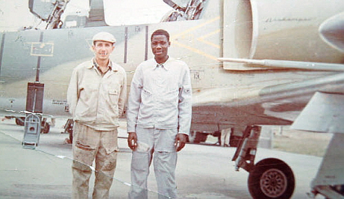 African student and Soviet mechanics in front of their L-39C Albatros trainer aircraft at Kant airbase in 1982.