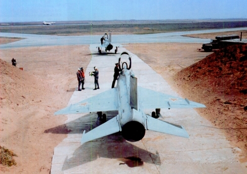 The 116th Air Defence Training Center’s two Soviet MiG-21F-13 ‘Fishbed-C’ aircraft and a Su-11 ‘Fishpot-C’ interceptors in the background.