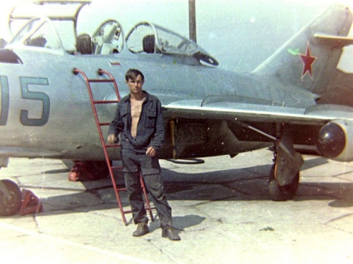 The 69th independent Training Air Regiment’s soldier in front of MiG-15UTI Midget