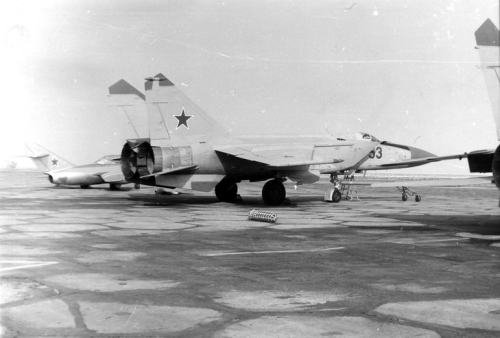Soviet MiG-25P ‘Foxbat-A’ interceptors and MiG-15UTI ‘Midget’ trainer aircraft at Nasosnaya airport close to Baku city in the seventies