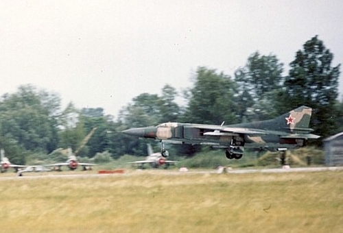 The MiG-23M 'Flogger-B’ of the Soviet 92nd Fighter Air Regiment at Pápa airbase Hungary in 1979. In the background the Hungarian 47th Fighter Air Regiment's MiG-21bis ‘Fishbed-L/N’ interceptor aircrafts.