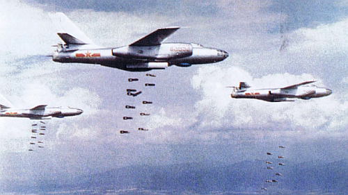 The Chinese 48th Bomber Division’s Harbin H-5 IL-28 Beagle front bombers while doing a demonstrative bombing exercise.