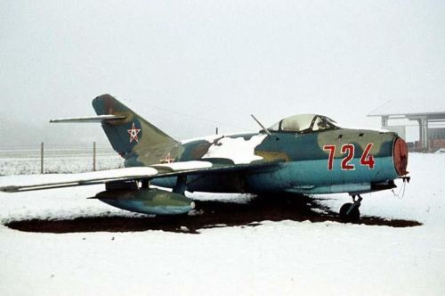 Hungarian 101st Reconnaissance Air Regiment’s camouflage colour MiG-15bis Fagot-B in Szolnok airport museum.