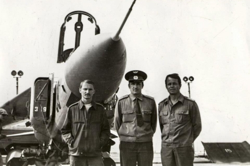 Two Hungarian and one Soviet pilot in front of theirs grey coloured MiG-23MF Flogger-B export fighter version in Lugovaya airport in 1979.
