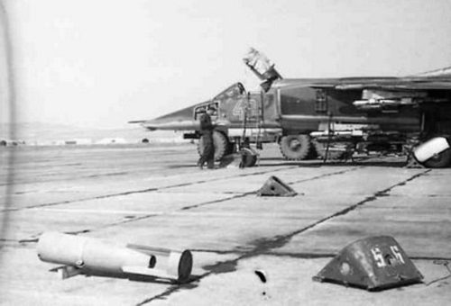 Soviet 129th Fighter bomber air regiment's MiG-27 Flogger-D with bomb in Taldy Kurgan in 1982
