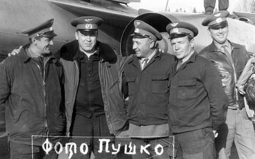 The 641st Guard Fighter Air Regiment PVO's elder Soviet technical engineers in front of their Yak-28P 'Firebar' air defense fighter aircraft in the early seventies.