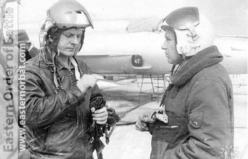 The Soviet Tactical Air Forece  827th Reconnaissance Air Regiment's pilots behind his MiG-21R- Fishbed-H