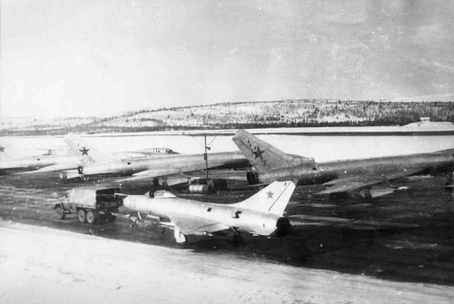 Soviet Tu-128 Fiddler and Su-9 Fishpot-A high speed interceptor at the Kilpajarv airport