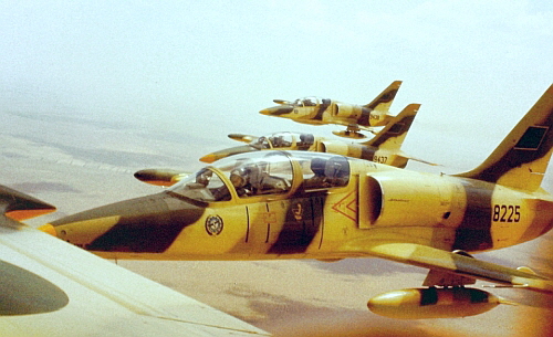 Libyan Aero Vodochody L-39ZO Albatros trainer aircrafts with Czechoslovakian trainer pilots over the Libyan desert.
