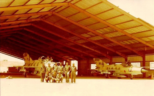 Two MiG-21bis aircraft of the 1021st Air Squadron at Kufra airfield. Both MiGs (B/N: 500 and 404) are painted with typical factory sand and green camouflage. in the middle of the eighties.