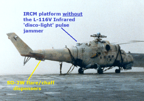 Libyan Mi-25 Hind without the IRCM and with SO-2W flare chaff dispensers at Ouadi Doum airport in 1987