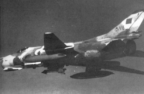 Air Defence patrol over Gulf of Sidra - Libyan 1032rd Air Squadron s Su-22 (S-32M2K)  Fitter  with newer R-13M missile in 1981. Photo: US NAVY 