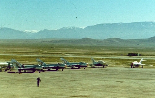 Afghan 393rd Training Air Regiments MiG-17 Fresco-A and MiG-15UTI Midget training aircrafts at Mazar-i-Sharif in early eighties