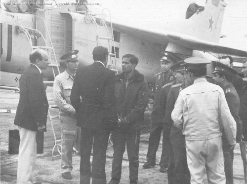 P Rajkumar talking to Indian Air Marshal Katre (back to camera) and Air Cmde S K Mehra after flying the MiG-23UB Flogger-C Trainer at Lugovaya, Kazakhstan on 17 Apr 79.. Photo: www.bharat-rakshak.com