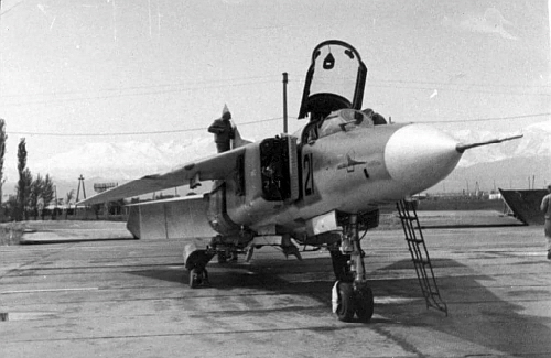 Soviet MiG-23MS Flogger-E export fighter version in Lugovaya airport. In the background the snowy peaks of the Tien-San mountain.